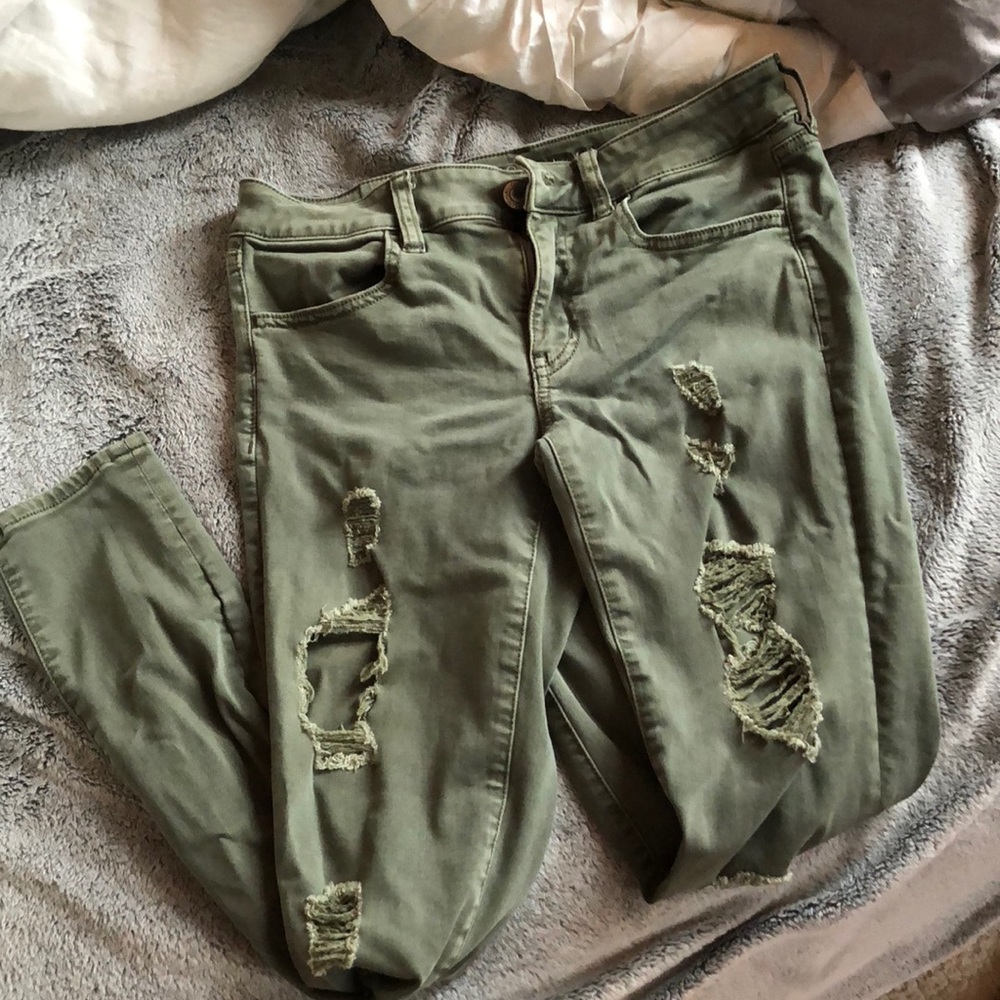 Olive Green Distressed Jeans